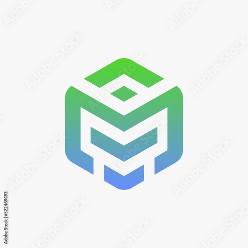The M geometric data stack logo forms a techy-looking hexagon. With fresh gradient colors, it looks modern and futuristic. The sophisticated-looking M logo is perfect for a tech company logo.