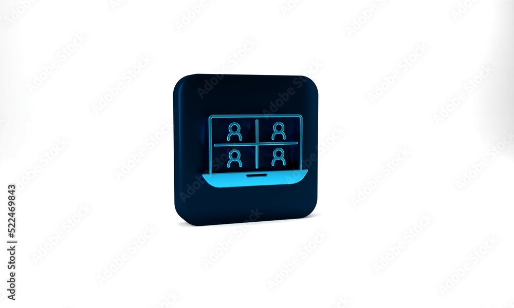 Blue Video chat conference icon isolated on grey background. Online meeting work form home. Remote project management. Blue square button. 3d illustration 3D render Blue Video chat conference icon isolated on grey background. Online meeting work form home. Remote project management. Blue square button. 3d illustration 3D render