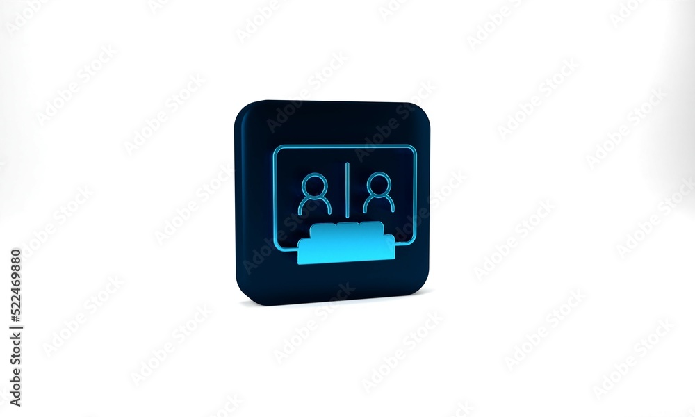 Blue Video chat conference icon isolated on grey background. Online meeting work form home. Remote project management. Blue square button. 3d illustration 3D render Blue Video chat conference icon isolated on grey background. Online meeting work form home. Remote project management. Blue square button. 3d illustration 3D render