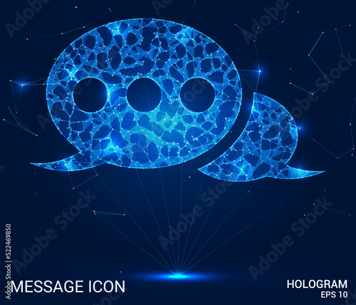 A hologram is a message icon. The message icon consists of polygons, triangles of points and lines. The message icon is a low-poly connection structure. Technology concept.
