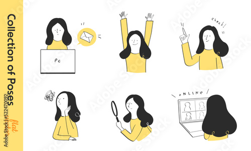 イラストポーズ集。メールする人、喜ぶ人、チェックする人、悩む人、考える人、探す人、オンライン通話する人。