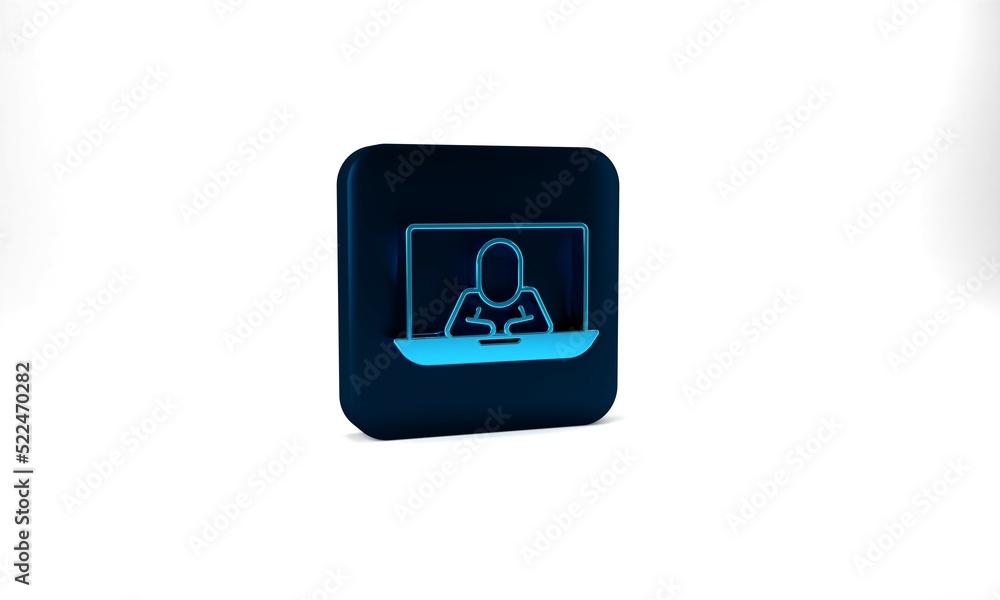Fototapeta premium Blue Video chat conference icon isolated on grey background. Online meeting work form home. Remote project management. Blue square button. 3d illustration 3D render