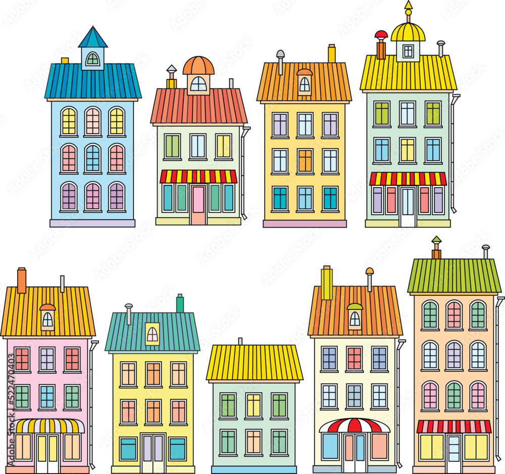 Vector cartoon set of colorful town houses