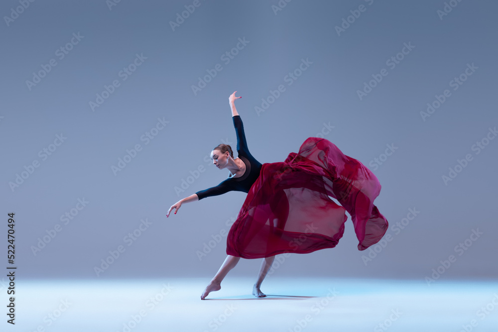 Portrait of young ballerina dancing with deep red fabric isolated over blue grey studio background. Artistic performance of classic dance - obrazy, fototapety, plakaty 