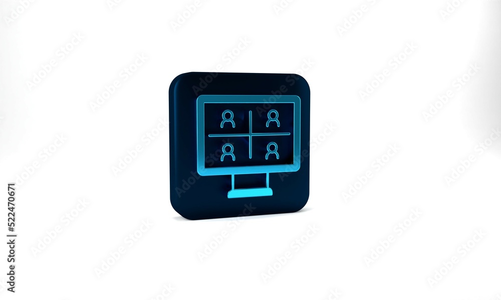 Blue Video chat conference icon isolated on grey background. Online meeting work form home. Remote project management. Blue square button. 3d illustration 3D render Blue Video chat conference icon isolated on grey background. Online meeting work form home. Remote project management. Blue square button. 3d illustration 3D render