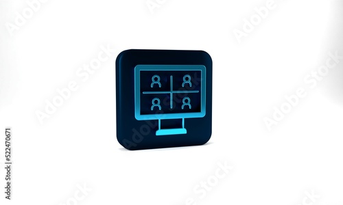 Blue Video chat conference icon isolated on grey background. Online meeting work form home. Remote project management. Blue square button. 3d illustration 3D render