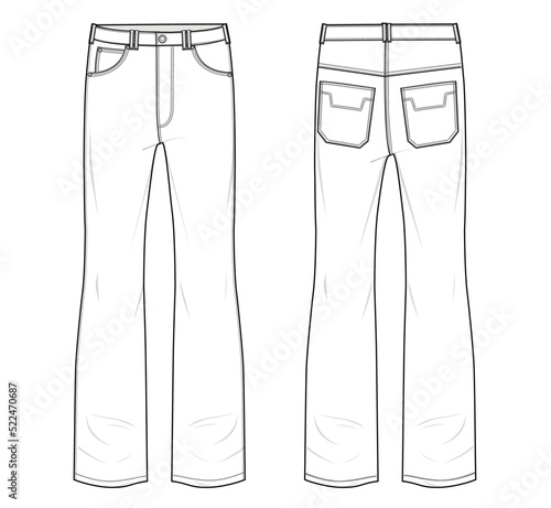 womens boot cut jeans flat sketch vector illustration front and back view apparel template cad mockup