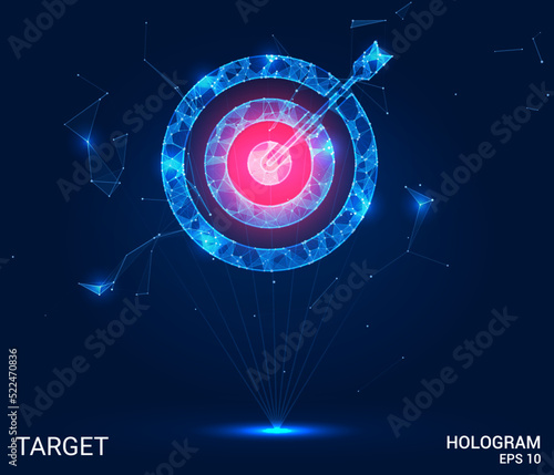 The hologram is the target. A target and arrow made of polygons, triangles of points and lines. The target and arrow are a low-poly compound structure. Technology concept.