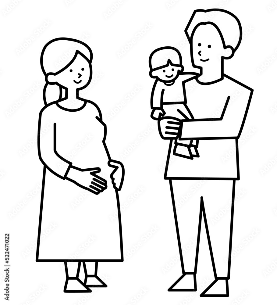 妊婦と子供を抱っこするお父さんのイラスト 線画のみ 妊婦と子供を抱っこするお父さんのイラスト 線画のみ