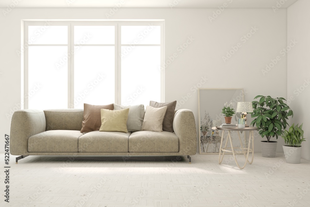 Fototapeta premium White living room with sofa. Scandinavian interior design. 3D illustration