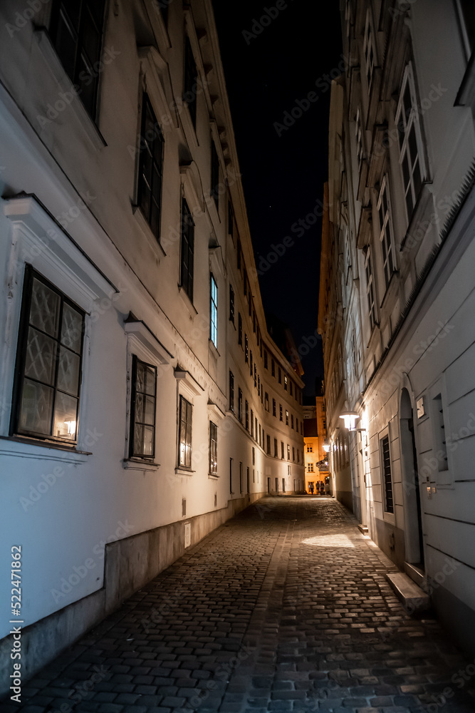 Narrow Alley With Streetlights And Cobblestones In The Inner City Of Vienna In Austria
