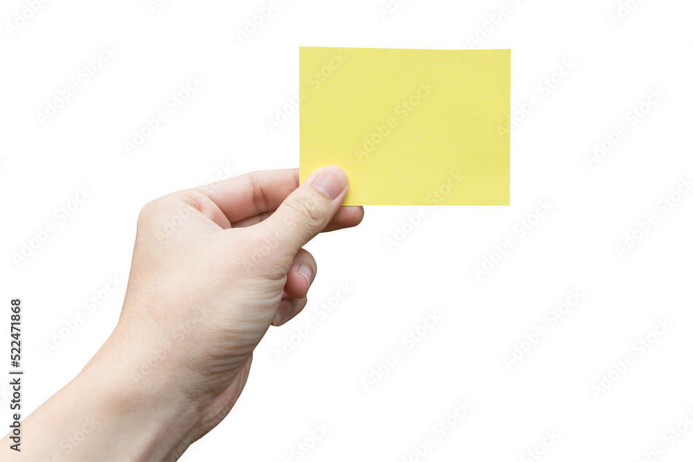 Hand holding yellow paper isolated on white with clipping path. Hand holding yellow paper isolated on white with clipping path.