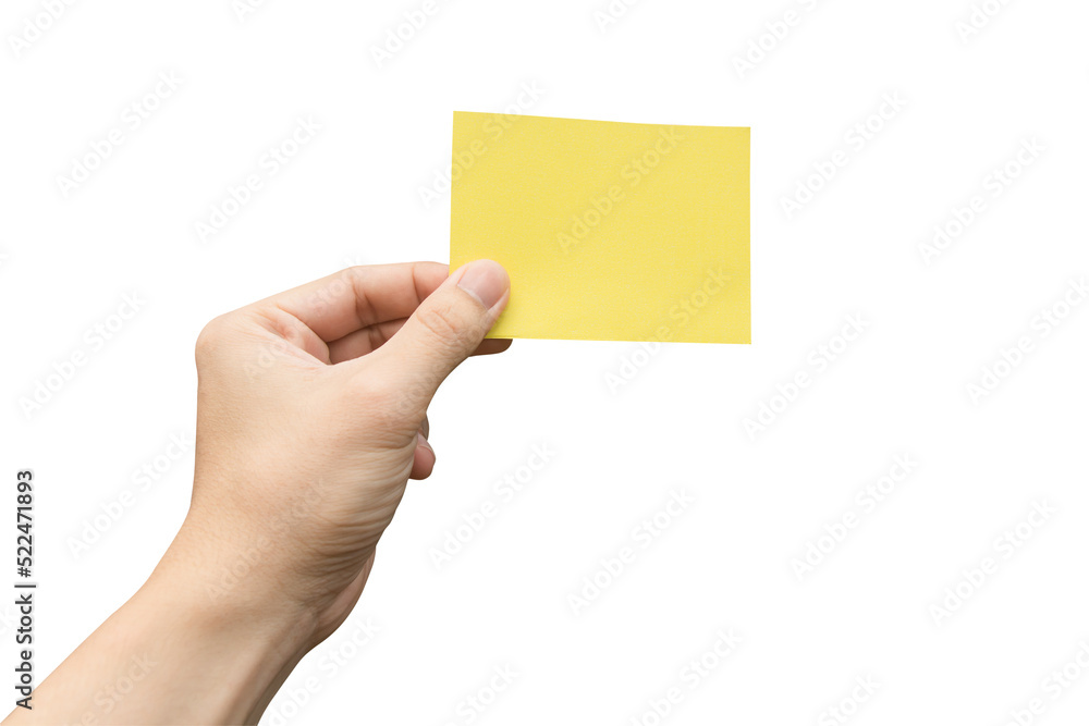 Hand holding yellow paper isolated on white with clipping path. Hand holding yellow paper isolated on white with clipping path.