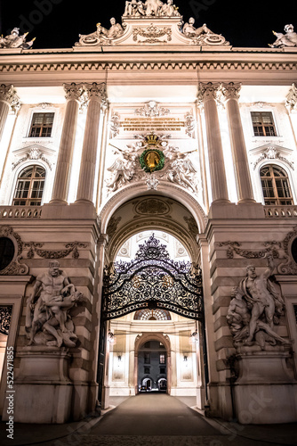 Open Gate Of The Former Residence Of The Emperor "Hofburg" In The Night In Vienna In Austria