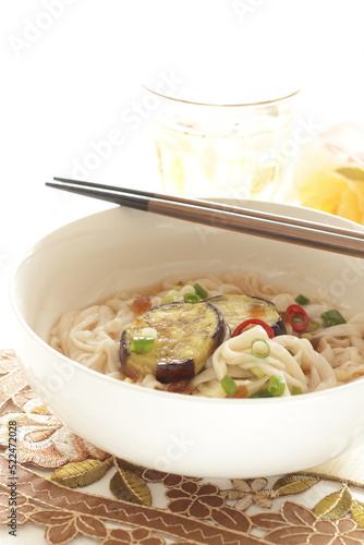 Koran food, Fried eggplant on Guksu for homemade comfort food photo