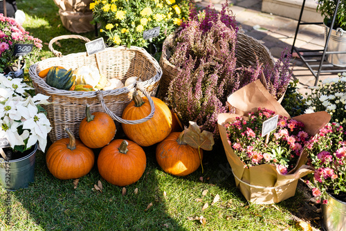 Halloween decorations with pumpkin and other decor objects photo