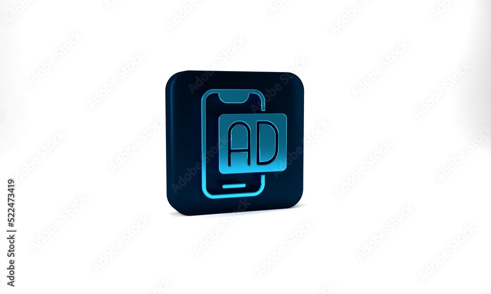 Blue Advertising icon isolated on grey background. Concept of marketing and promotion process. Responsive ads. Social media advertising. Blue square button. 3d illustration 3D render Blue Advertising icon isolated on grey background. Concept of marketing and promotion process. Responsive ads. Social media advertising. Blue square button. 3d illustration 3D render