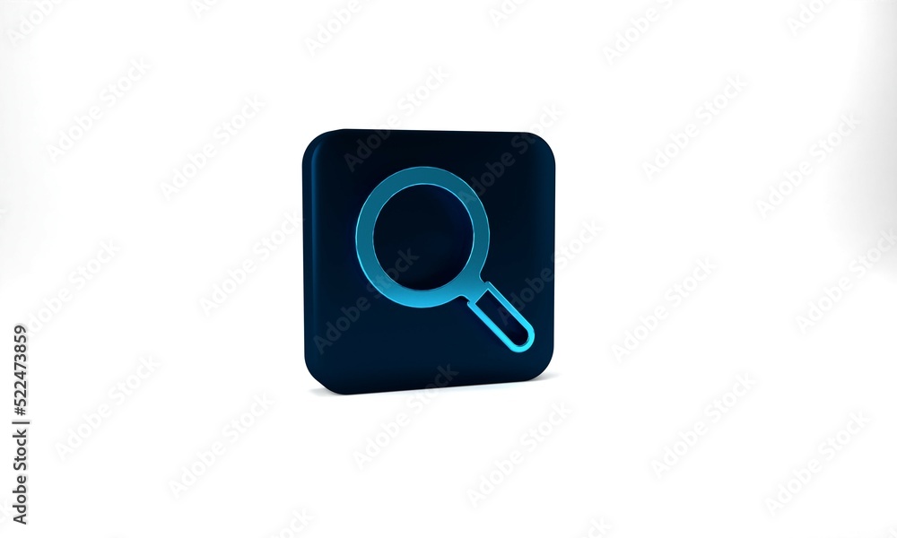 Blue Magnifying glass icon isolated on grey background. Search, focus, zoom, business symbol. Blue square button. 3d illustration 3D render