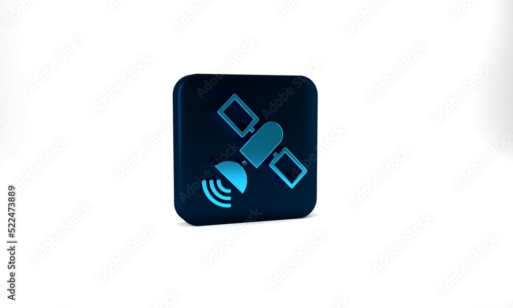 Blue Satellite icon isolated on grey background. Blue square button. 3d illustration 3D render Blue Satellite icon isolated on grey background. Blue square button. 3d illustration 3D render