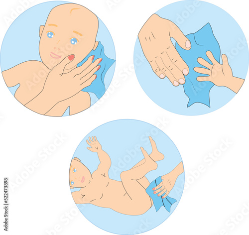Instructions for using wet wipes. Wiping baby with a tissue. Personal hygiene