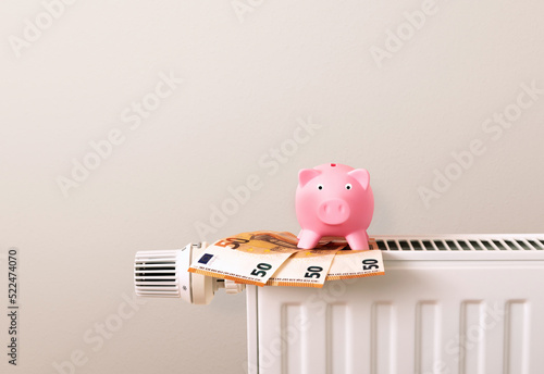 Murais de parede heating costs and energy prices, piggy bank and money on radiator