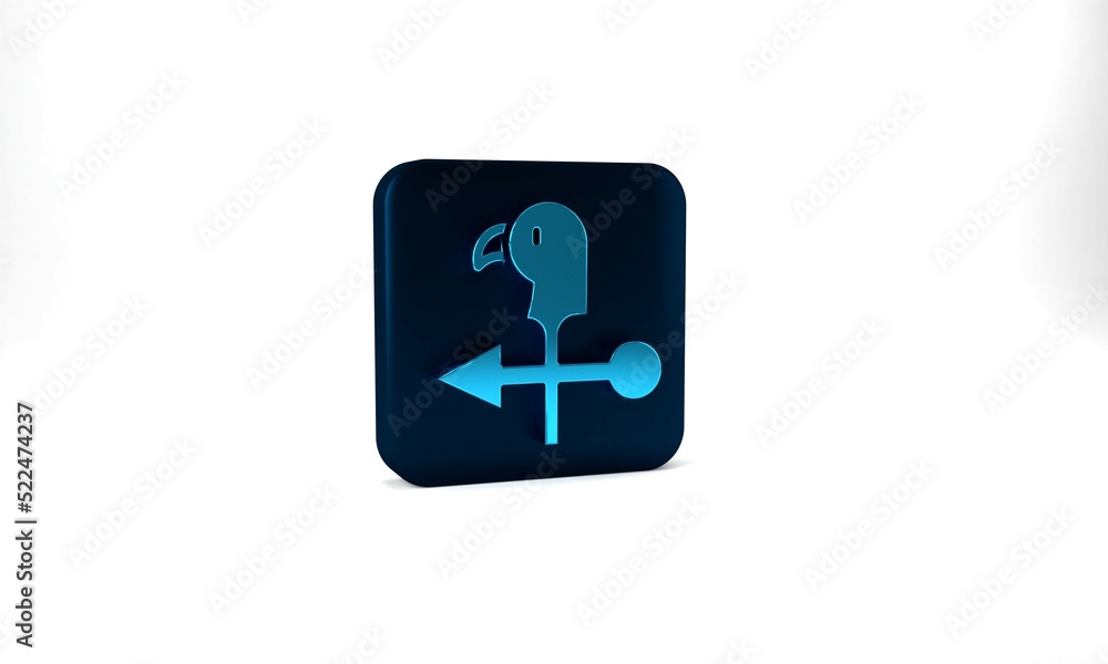 Blue Rooster weather vane icon isolated on grey background. Weathercock sign. Windvane rooster. Blue square button. 3d illustration 3D render Blue Rooster weather vane icon isolated on grey background. Weathercock sign. Windvane rooster. Blue square button. 3d illustration 3D render