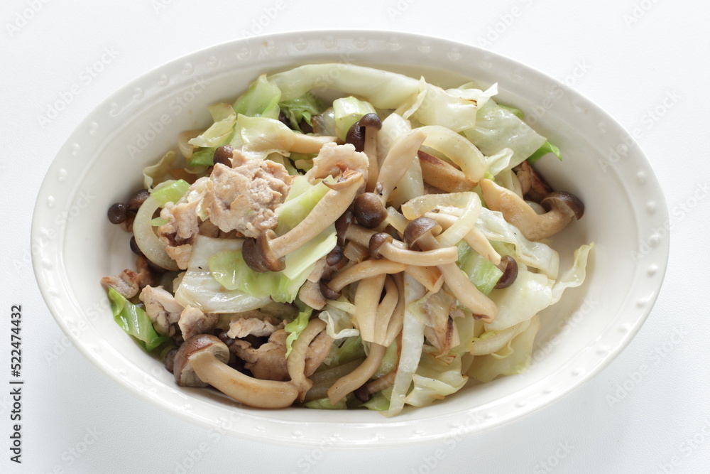 Chinese food, pork and cabbage stir fried with Shimeji Mushroom Chinese food, pork and cabbage stir fried with Shimeji Mushroom