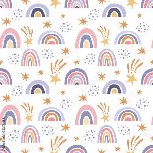 Seamless childish pattern with funny rainbows and stars. Perfect for decorating prints for fabric, wrapping paper, textiles, wallpaper, clothes. Vector graphics on a white background.