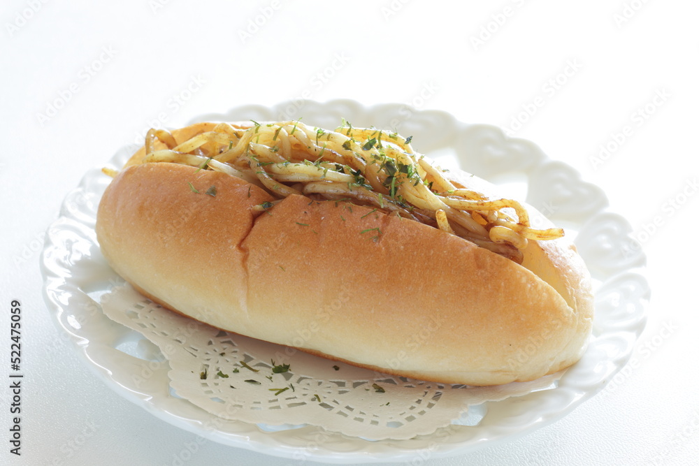 Japanese fusion food, fried noodles in hot dog bun Japanese fusion food, fried noodles in hot dog bun