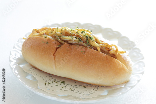 Japanese fusion food, fried noodles in hot dog bun