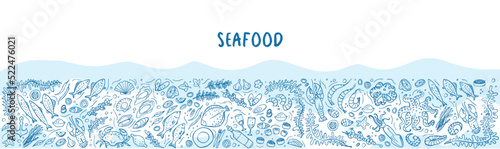 Long banner of set doodle seafood on white blue background. Vector illustration. Perfect for dessert menu or food package design. © Lida