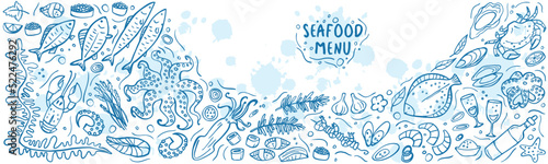 Long banner of set doodle seafood on white blue background. Vector illustration. Perfect for dessert menu or food package design.