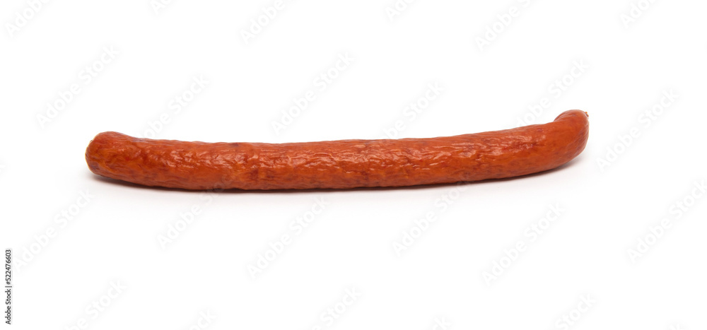 One smoked grilled thin Pork Sausage, close-up, isolated on white background One smoked grilled thin Pork Sausage, close-up, isolated on white background