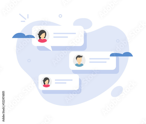 Chat message concept vector bubble speech as online talk person man and woman, flat cartoon dialog comments abstract illustration, illustrated sms text messaging, modern conversation graphic image