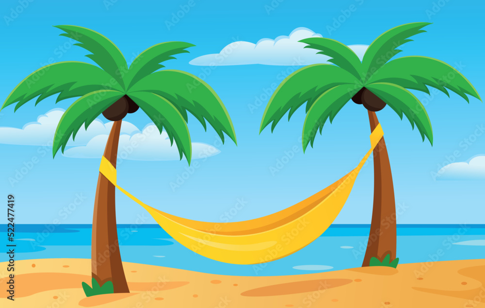 Hammock between palm trees against the background of the sea and sand. flat vector illustration