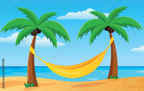 Hammock between palm trees against the background of the sea and sand. flat vector illustration © Katrin_the_artist