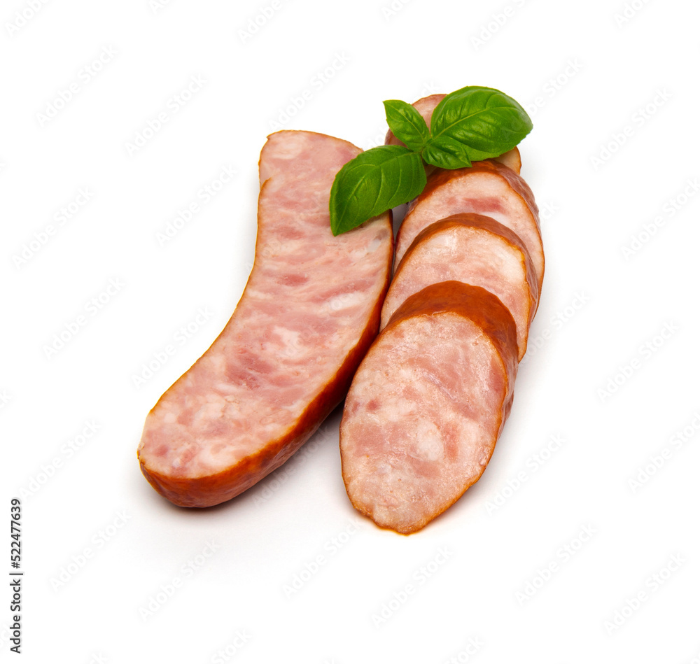 Smoked pork sausages for grill, isolated on white background