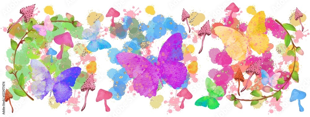 Watercolour pattern with botanical elements,  butterflies, mushroom, flowers, splashes. Multicoloured Background.