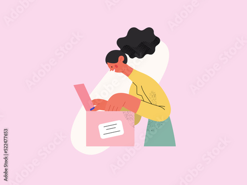Buy online - Online shopping and electronic commerce series - modern flat vector concept illustration of a woman unpacking a parcel box. Delivery, discounts, sale and online orders concept