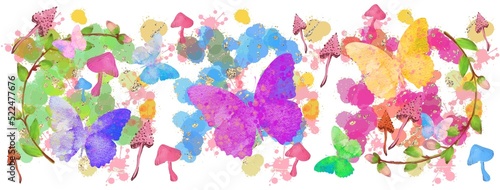Watercolour pattern with botanical elements, butterflies, mushroom, flowers, splashes. Multicoloured Background.
