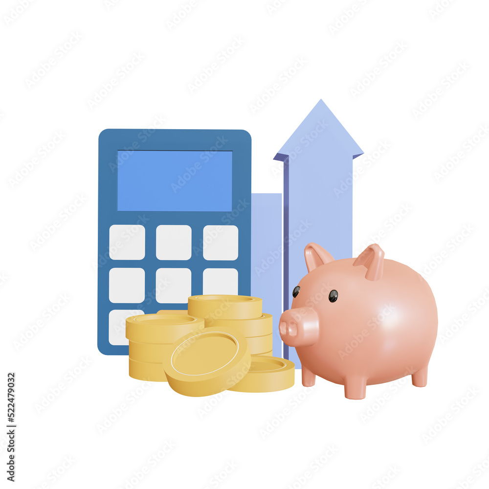 Pink piggy bank with calculator and gold coins. saving money wealth and ...