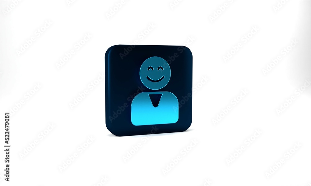 Blue Happy customer icon isolated on grey background. Blue square button. 3d illustration 3D render Blue Happy customer icon isolated on grey background. Blue square button. 3d illustration 3D render