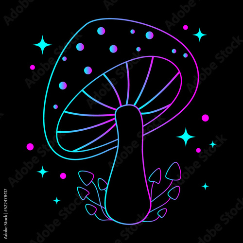 Magic mushrooms psychedelic print for graphic tee. Vector neon design for t-shirt graphics, banner, fashion prints, slogan tees, stickers, flyer, posters