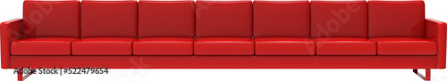Extremely long red leather sofa isolated on transparent background. 3d rendering