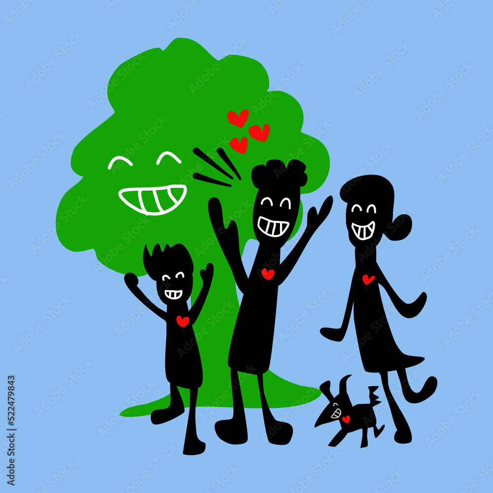 Naklejka premium Vector doodle graphic of a family living happily with nature. Father, mother, child, dog and tree with happy red hearts.