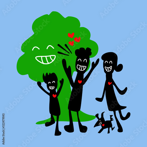 Vector doodle graphic of a family living happily with nature. Father, mother, child, dog and tree with happy red hearts.