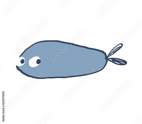 Cute hand drawn fish. Blue animal with dark blue outline.