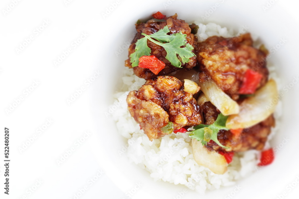 Chinese food, sour and sweet chicken on ricewith coriander leaves Chinese food, sour and sweet chicken on ricewith coriander leaves