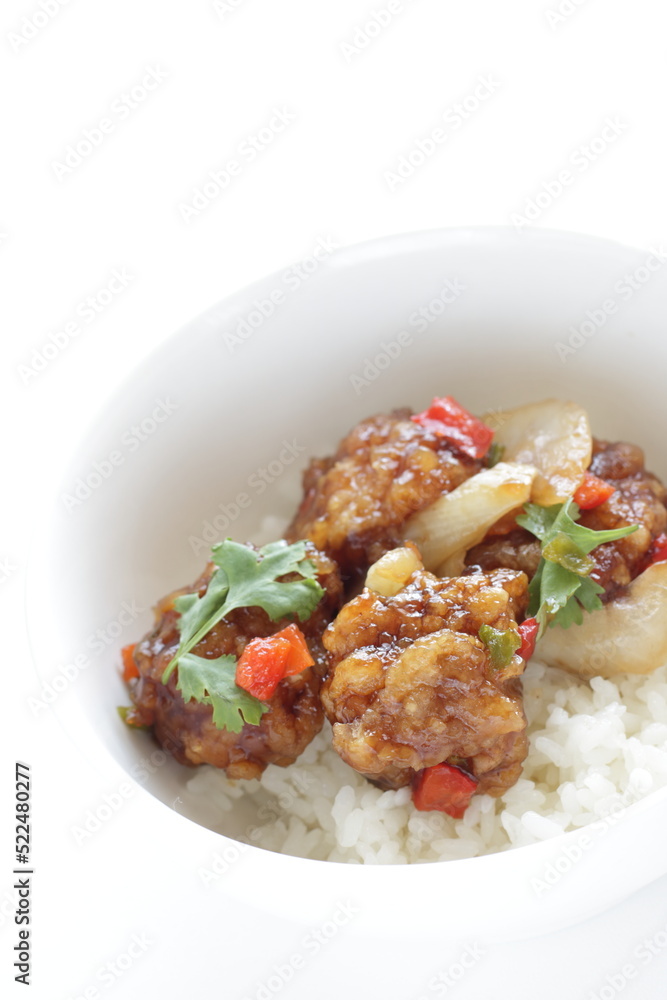 Chinese food, sour and sweet chicken on ricewith coriander leaves Chinese food, sour and sweet chicken on ricewith coriander leaves