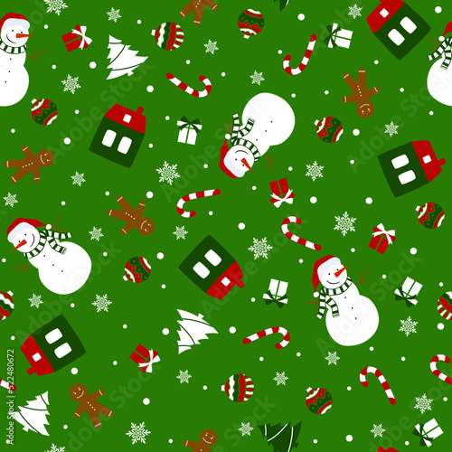 Christmas seamless pattern with snowman. Winter pattern with snowflakes, ginger man, trees and gifts. 